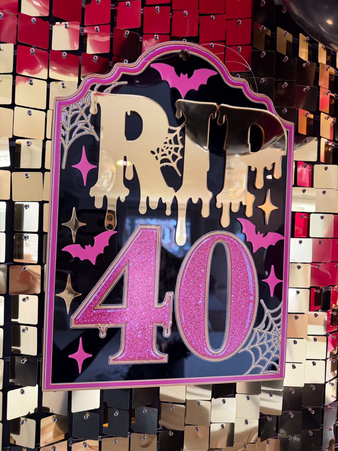 Custom RIP 40 acrylic tombstone sign with mirror gold letters and pink glitter, Halloween birthday